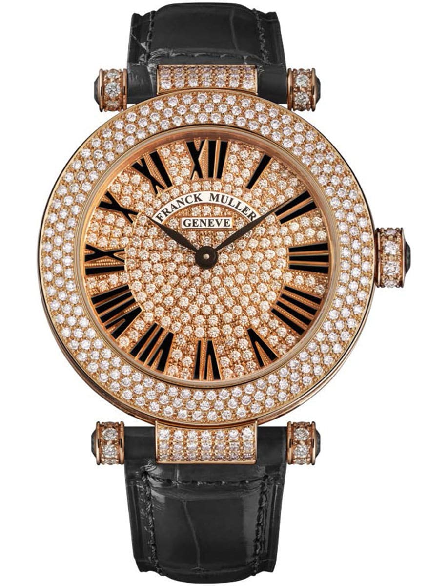 Round 42mm in Rose Gold with Pave Diamond on Black Alligator Leather Strap with Pave Diamond Dial