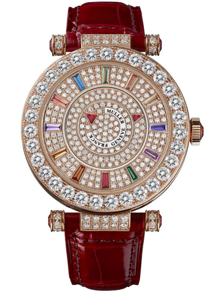 Round 39mm in Rose Gold with Pave Diamond Case on Red Alligator Leather Strap with Pave Diamond Dial