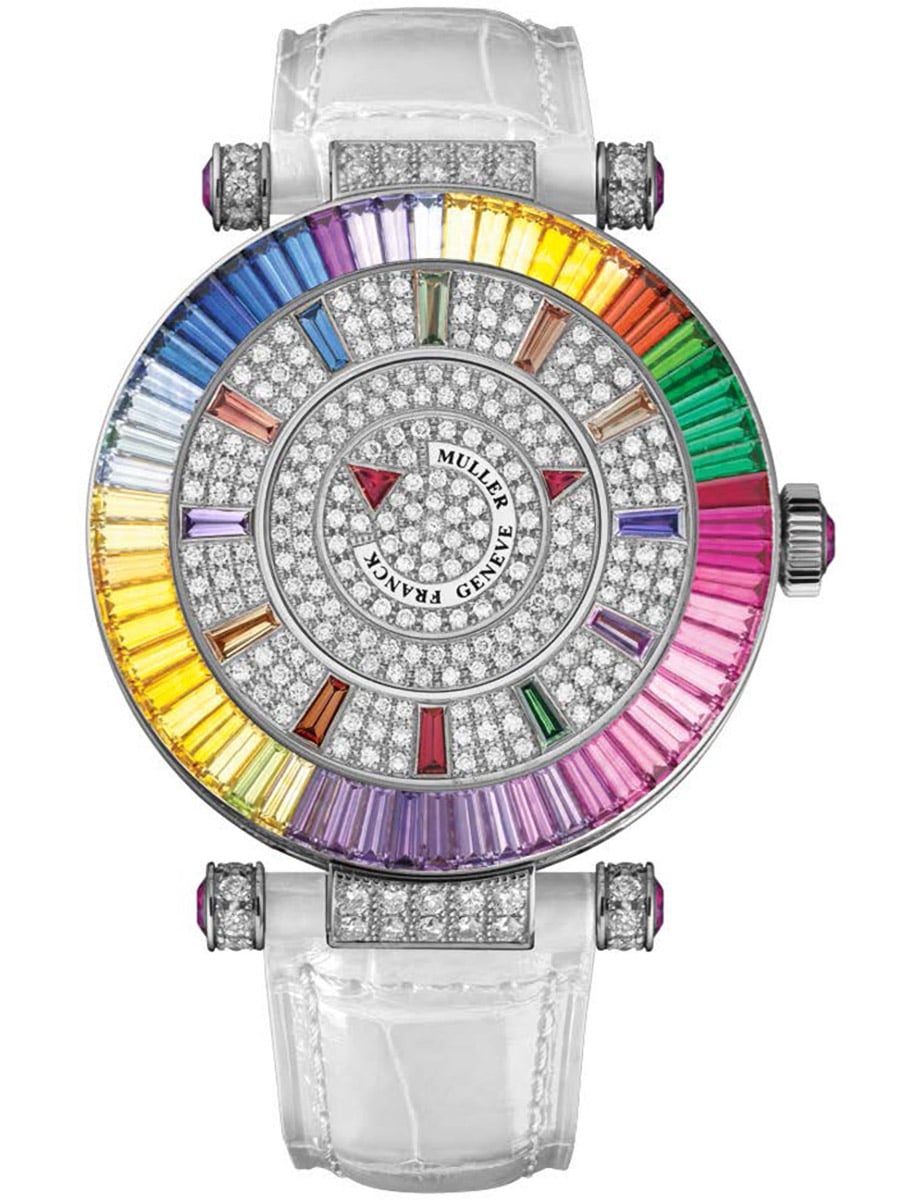 Round 39mm in White Gold with Raiinbow Baguette Diamond Bezel on White Alligator Leather Strap with Pave Diamond Dial