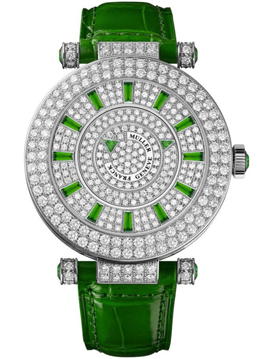 Round 42mm in White Gold with Pave Diamond Case on Green Alligator Leather Strap with Pave Diamond Dial