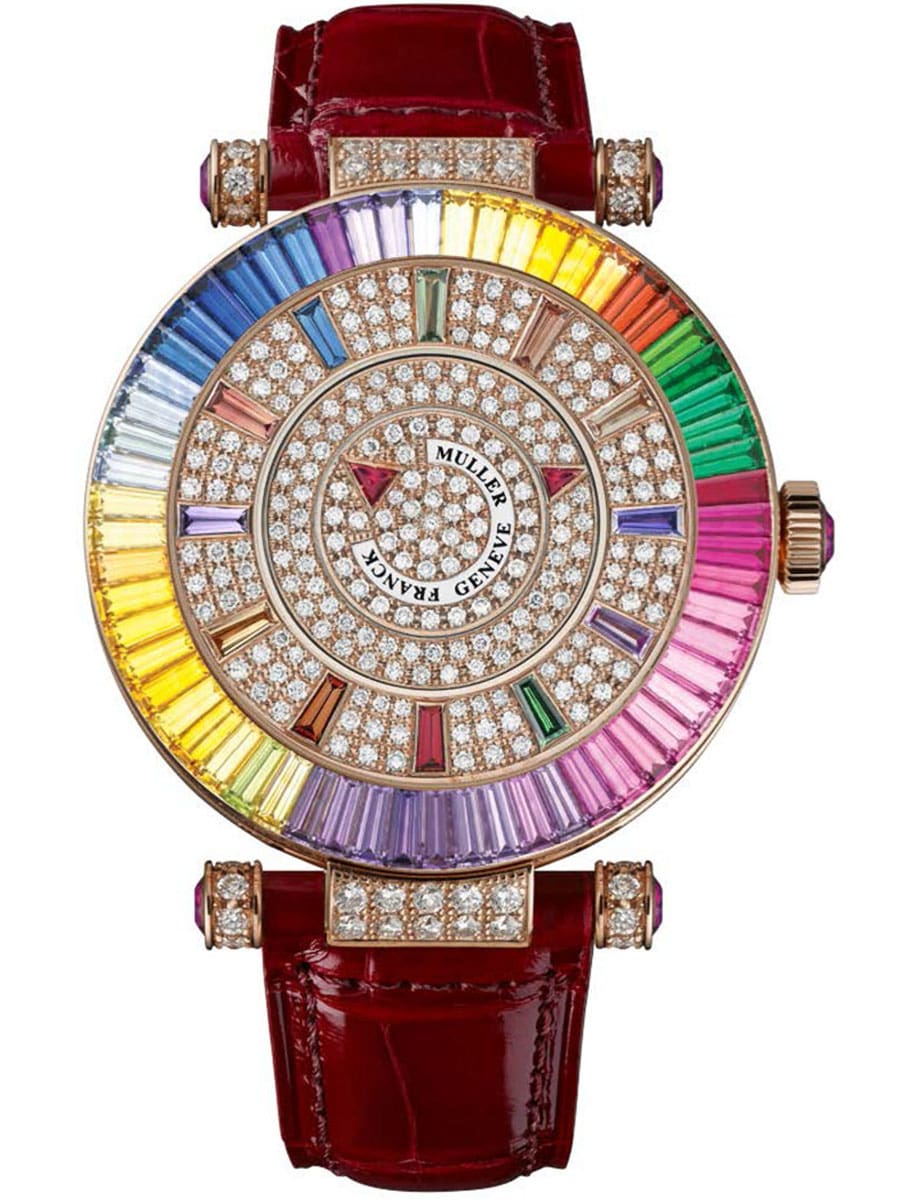 Round 42mm in Rose Gold with Rainbow Baguette Diamond Bezel on Red Alligator Leather Strap with Pave Diamond Dial