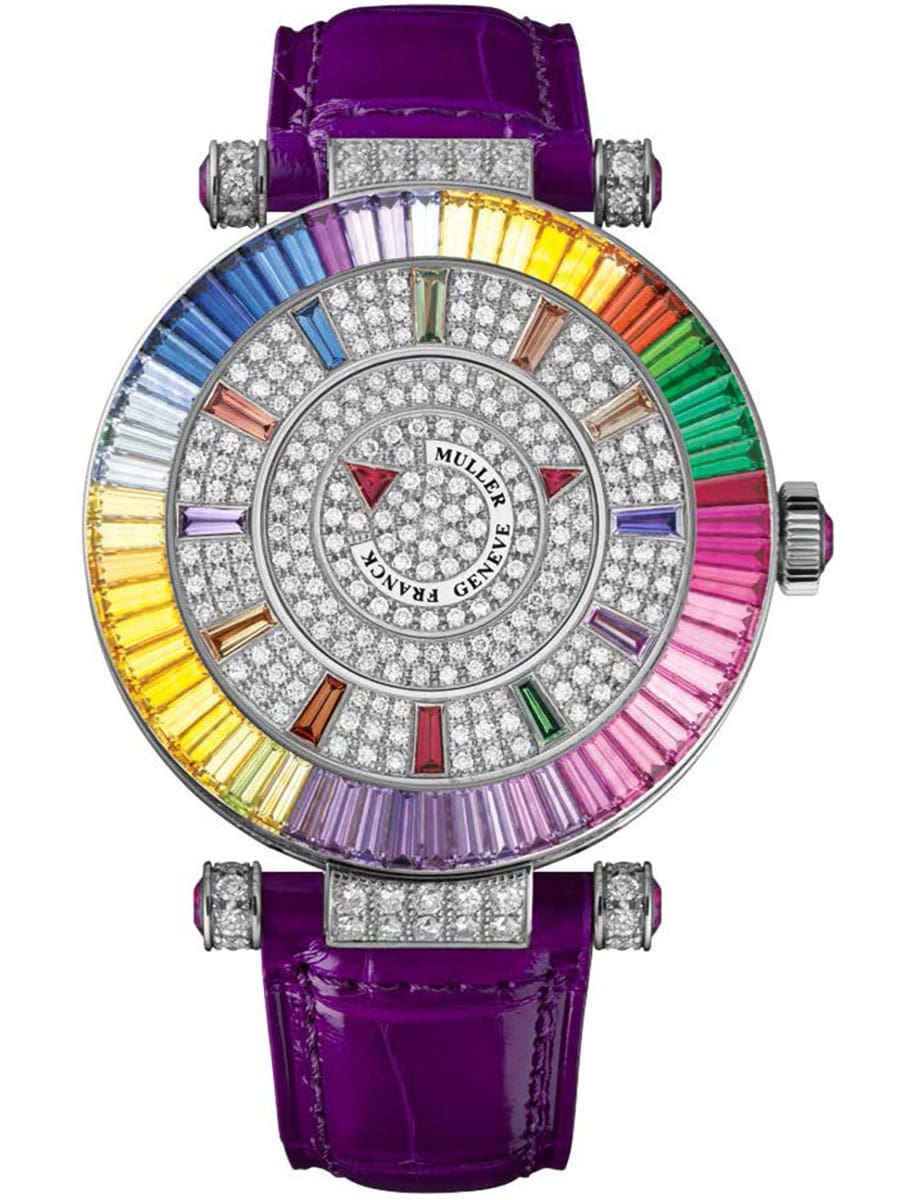 Round 42mm in White Gold with Rainbow Baguette Diamond Bezel on Purple Alligator Leather Strap with Pave Diamond Dial