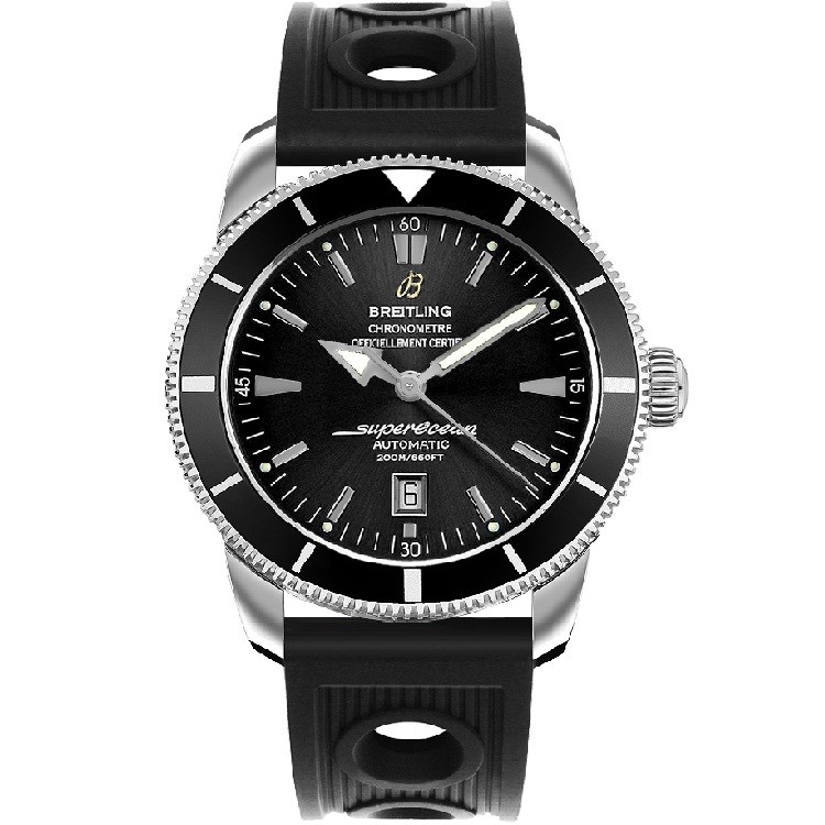 Superocean 46mm in Steel with Black Bezel on Black Ocean Racer Rubber Strap with Black Dial