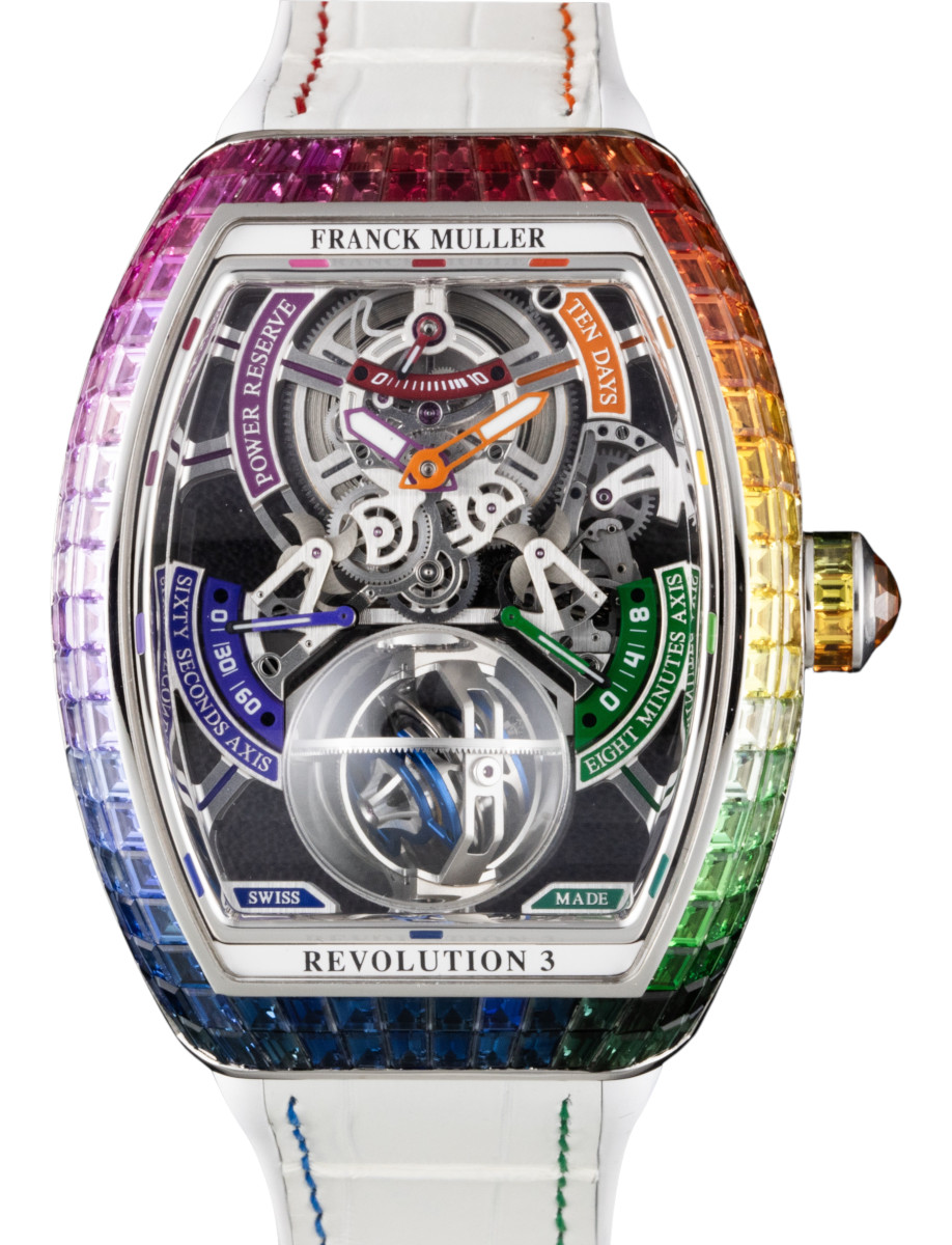 Vanguard Revolution 3 in White Gold with Rainbow Diamond Bezel on White Alligator Leather Strap with Openworked Dial