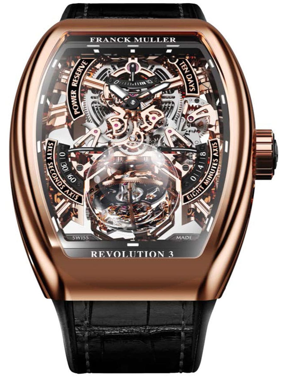 Vanguard Revolution 50mm in Rose Gold  on Black Alligator Leather Strap with Openworked Dial