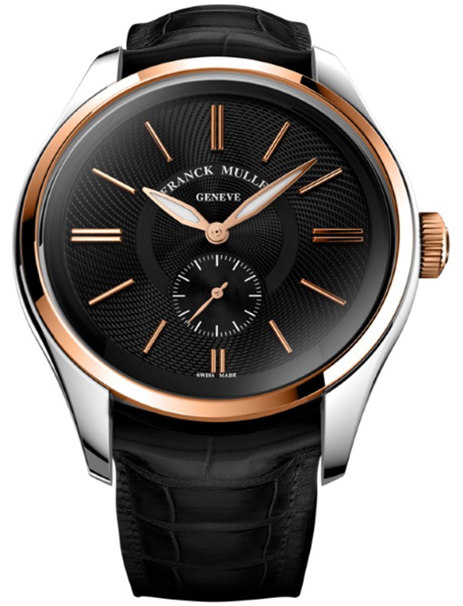 Round Small Seconds 43mm in Steel with Rose Gold Bezel on Black Alligator Leather Strap with Black Dial
