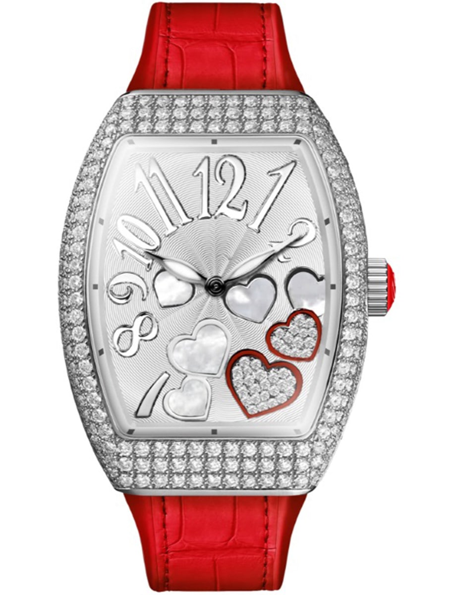 Vanguard Lady 32mm in Steel with Pave Diamond Case on Red Alligator Leather Strap with Silver Dial