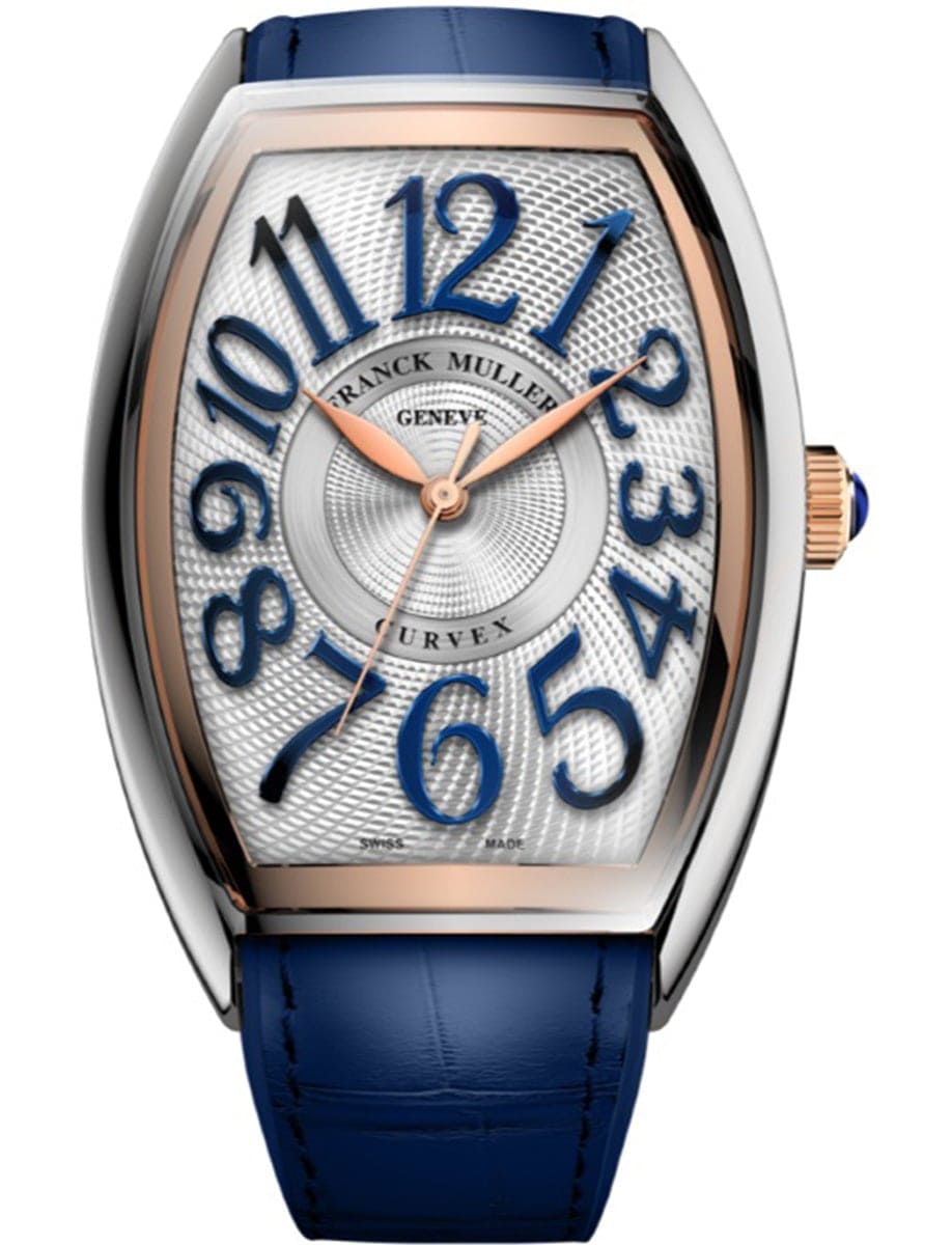Curvex 30mm in Steel with Rose Gold Bezel on Blue Alligator Leather Strap with Silver Dial