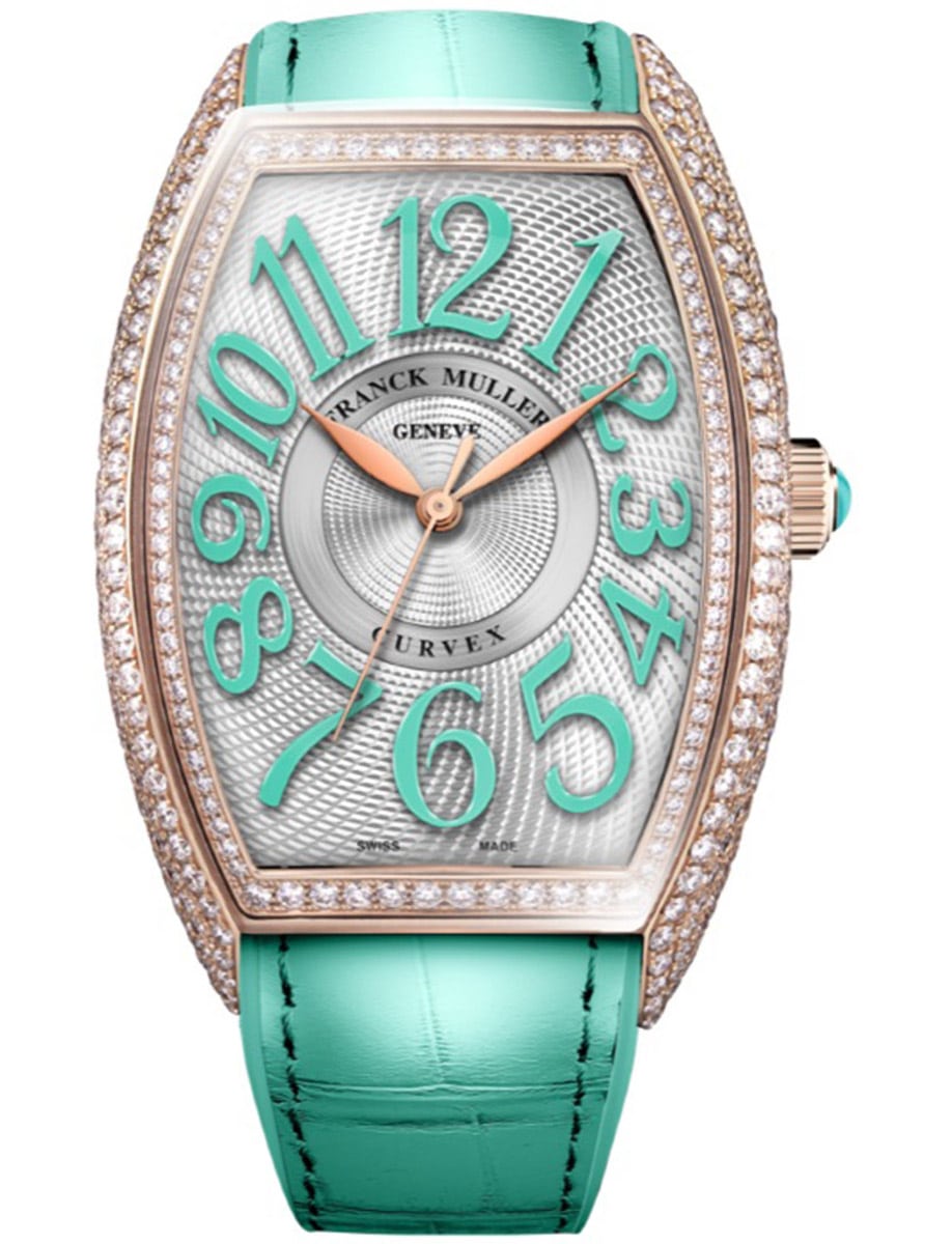 Curvex 30mm in Rose Gold with Diamonds on Turquoise Blue Alligator Leather Strap with Silver Dial