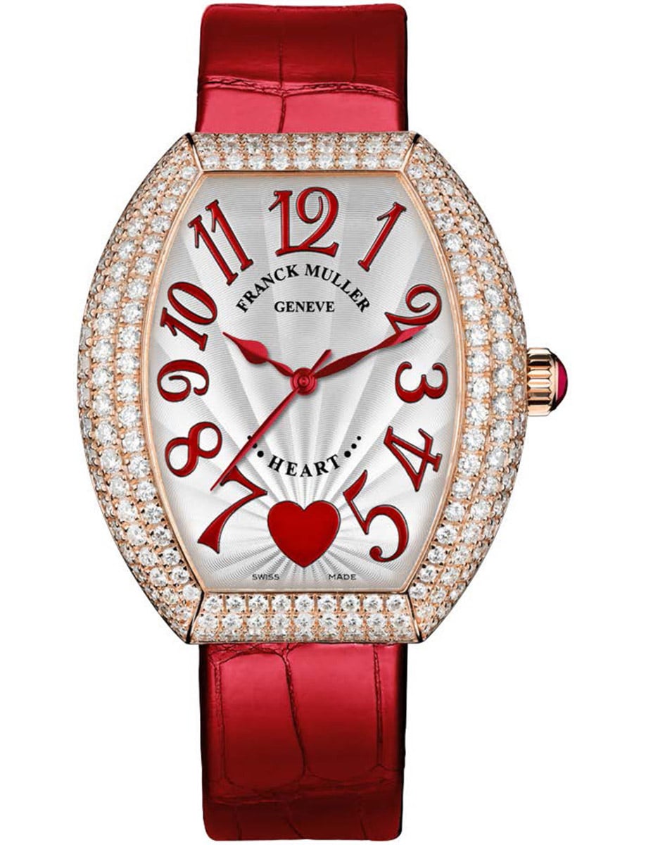 Heart 38.75mm in Rose Gold with Pave Diamond Case on Red Alligator Leather Strap with Silver Dial