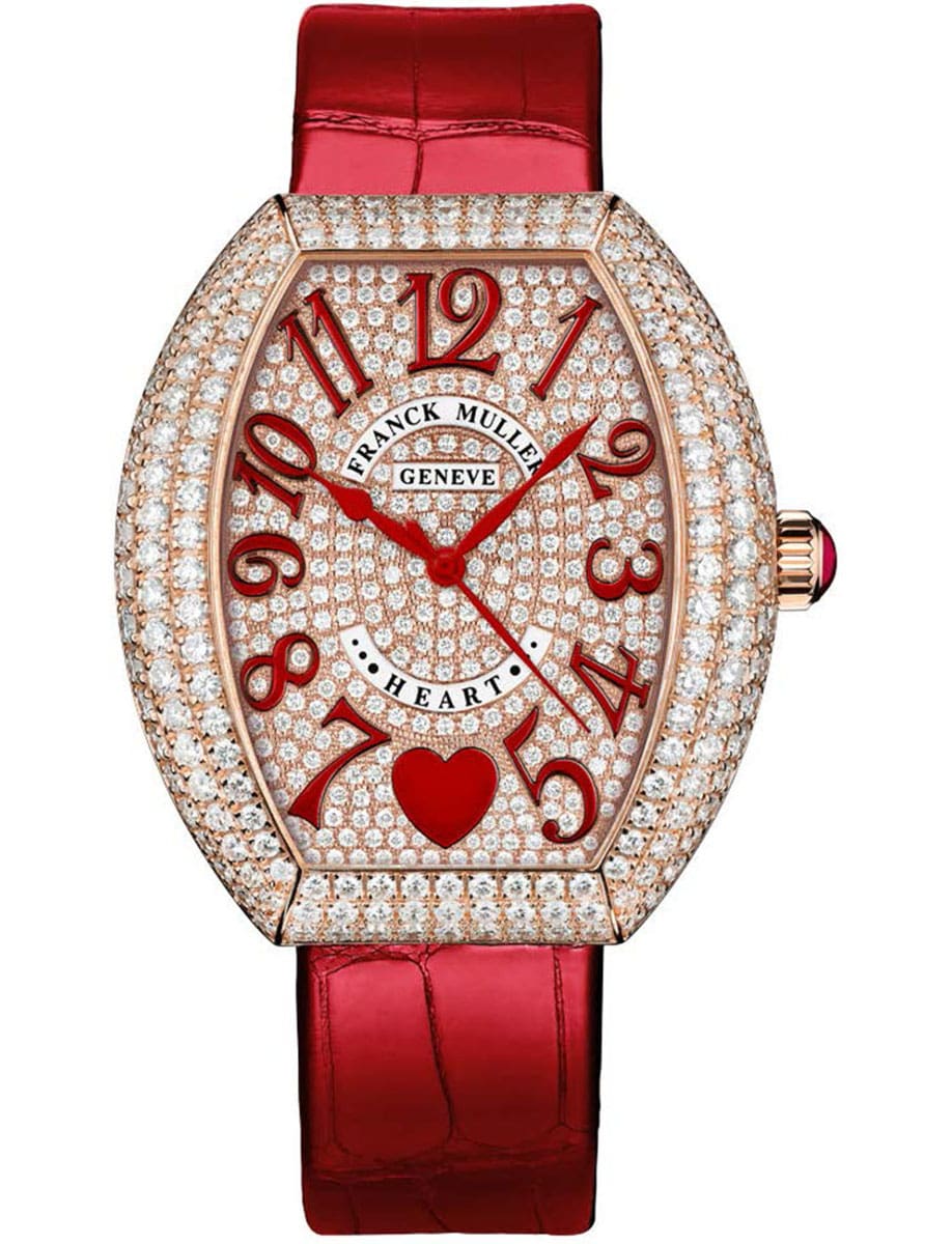 Heart 43mm in Rose Gold with Pave Diamond Case on Red Alligator Leather Strap with Pave Diamond Dial
