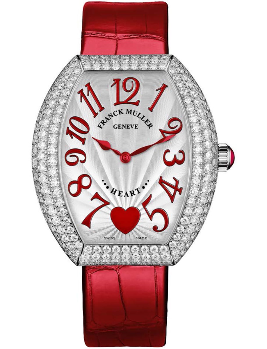 Heart 34.5mm in White Gold with Pave Diamond Case on Red Alligator Leather Strap with Silver Dial