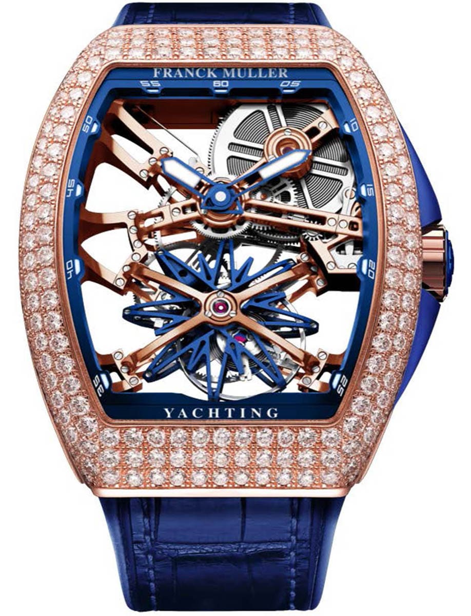 Gravtiy Yachting 45mm in Rose Gold with Pave Diamond Bezel on Blue Alligator Leather Strap with Skeleton Dial