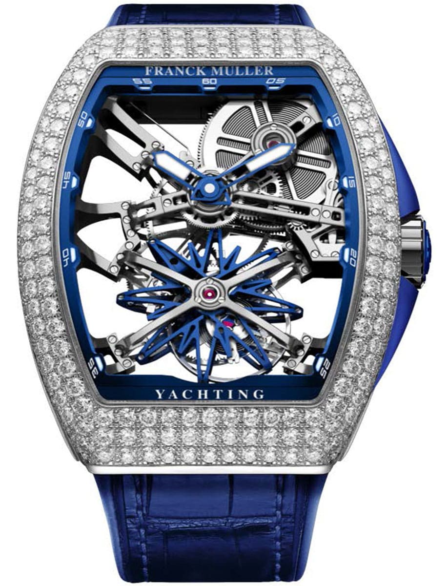 Gravtiy Yachting 45mm in White Gold with Pave Diamond Bezel on Blue Alligator Leather Strap with Skeleton Dial