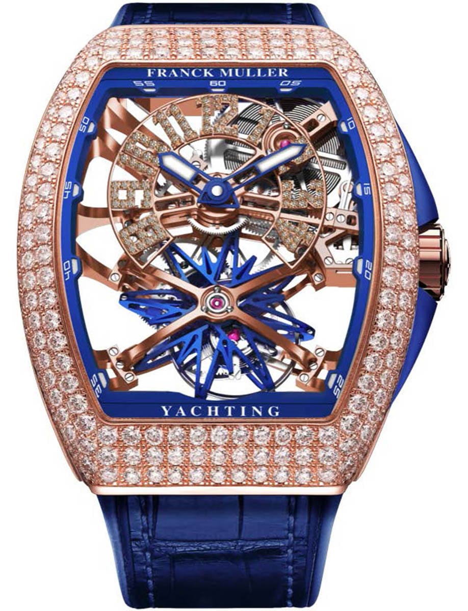 Gravtiy Yachting 45mm in Rose Gold with Pave Diamond Bezel on Blue Alligator Leather Strap with Skeleton Dial
