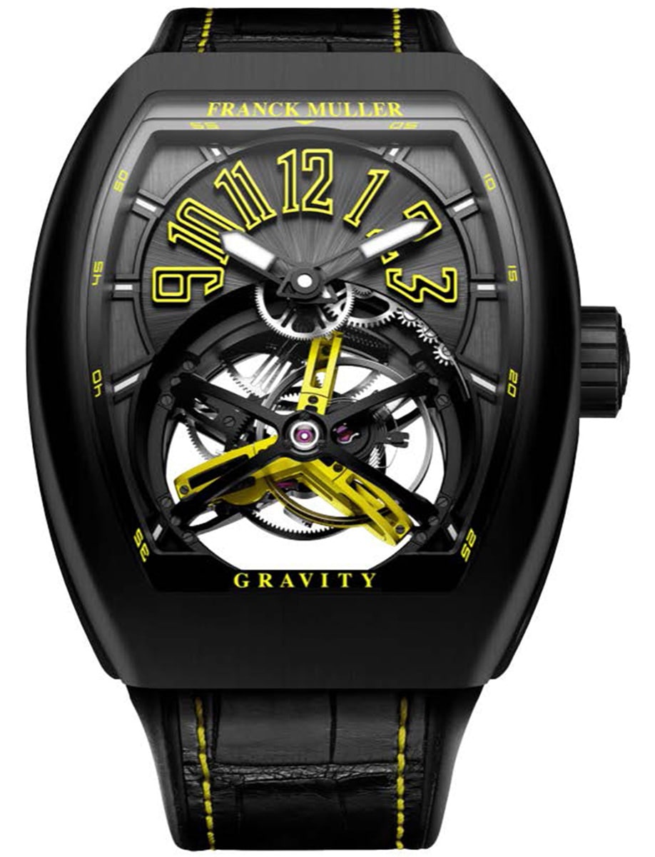 Gravtiy Classical 45mm in Black PVD Coated Titanium on Black Alligator Leather Strap with Black Dial - Yellow Accents