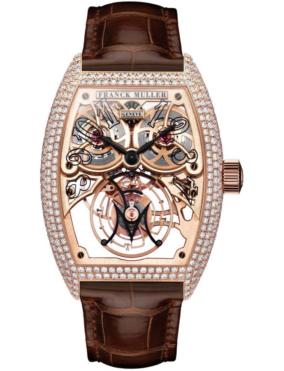 Giga Tourbillon 43.7mm in Rose Gold with Pave Diamond Bezel on Brown Crocodile Leather Strap with Skeleton Dial