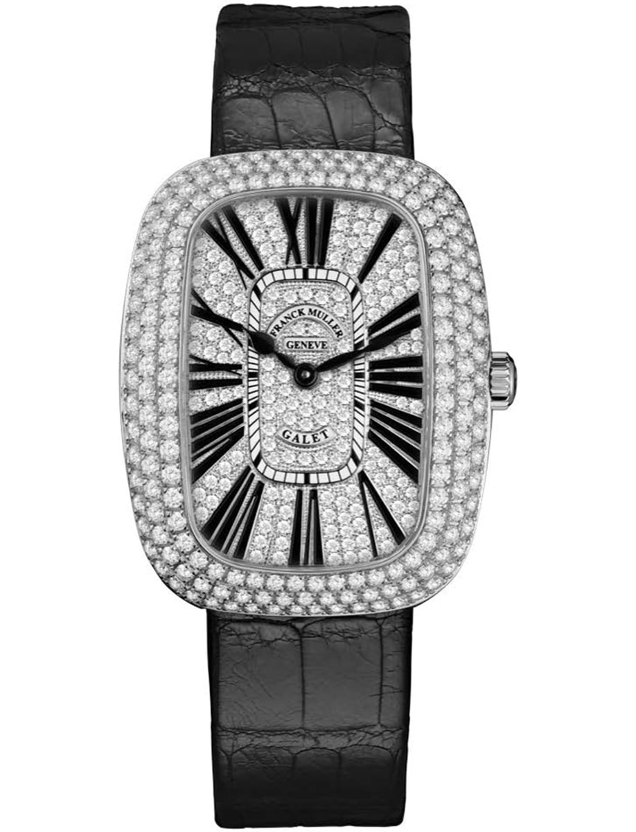 Lady Galet 28.75mm in Steel with Pave Diamond Bezel on Black Crocodile Leather Strap with Pave Diamond Dial