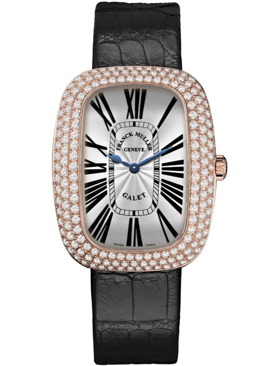Lady Galet 34.1mm in Rose Gold with Pave Diamond Bezel on Black Crocodile Leather Strap with Silver Dial