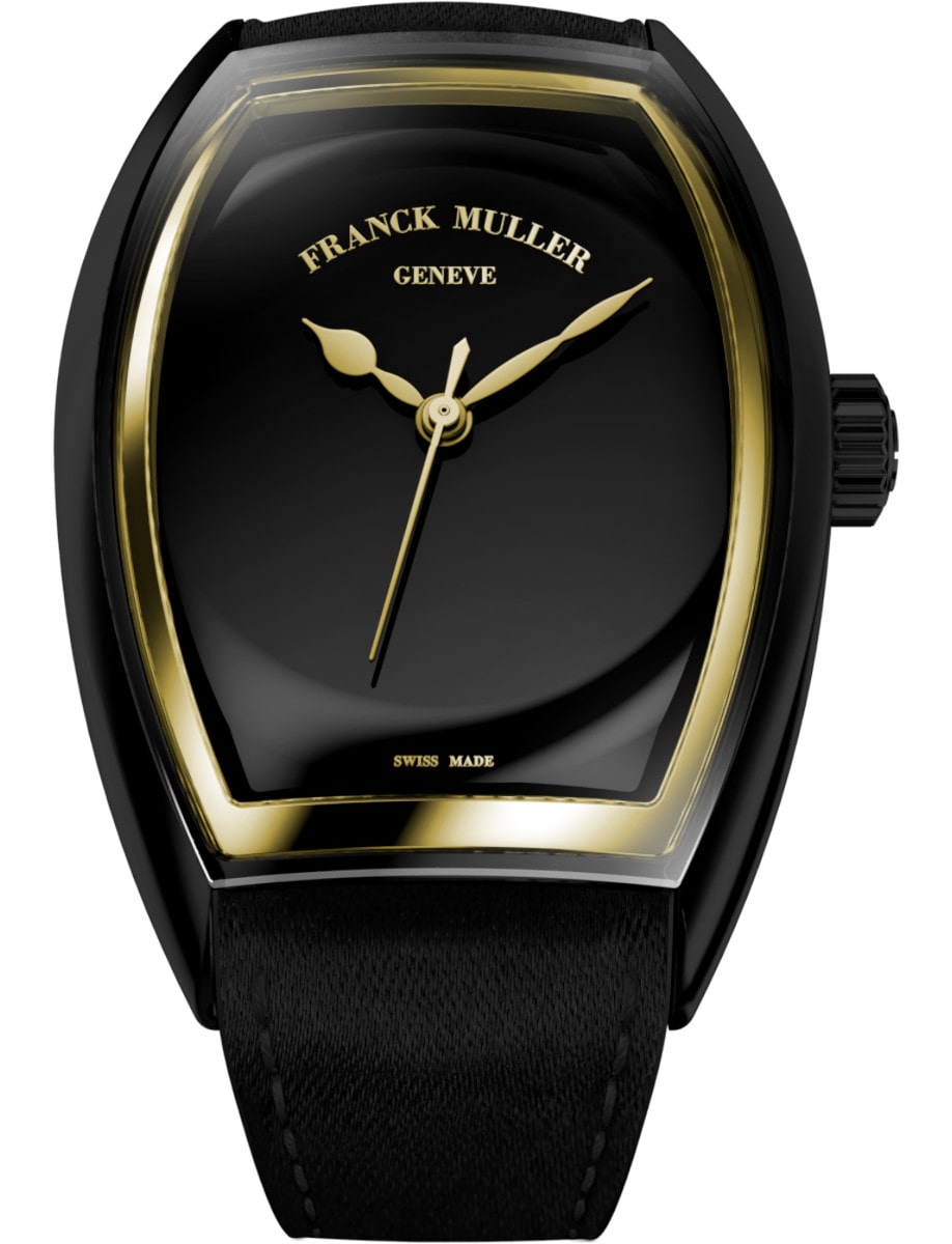Curvex CX Piano 30mm in Black Steel with Yellow Gold on Black Satin Strap with Black Dial