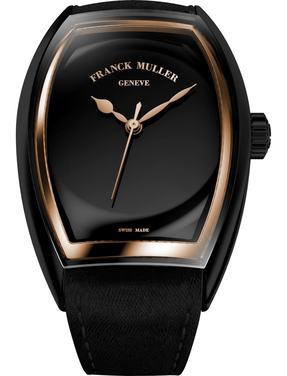 Curvex CX Piano 30mm in Black Steel with Rose Gold on Black Satin Strap with Black Dial