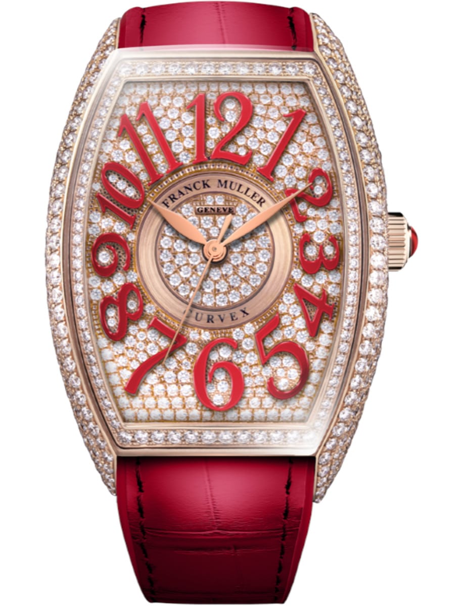 Curvex CX Flash 33mm in Rose Gold with Pave Diamond Case on Red Alligator Leather Strap with Pave Diamond Dial