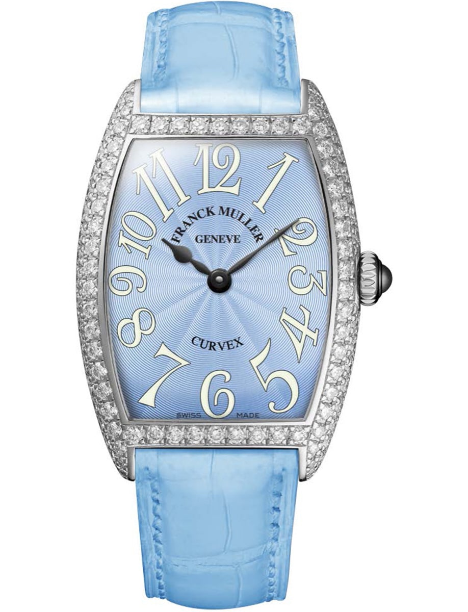 Cintree Curvex 25mm Quartz in Steel with Diamond Bezel on Light Blue Alligator Leather Strap with Light Blue Dial