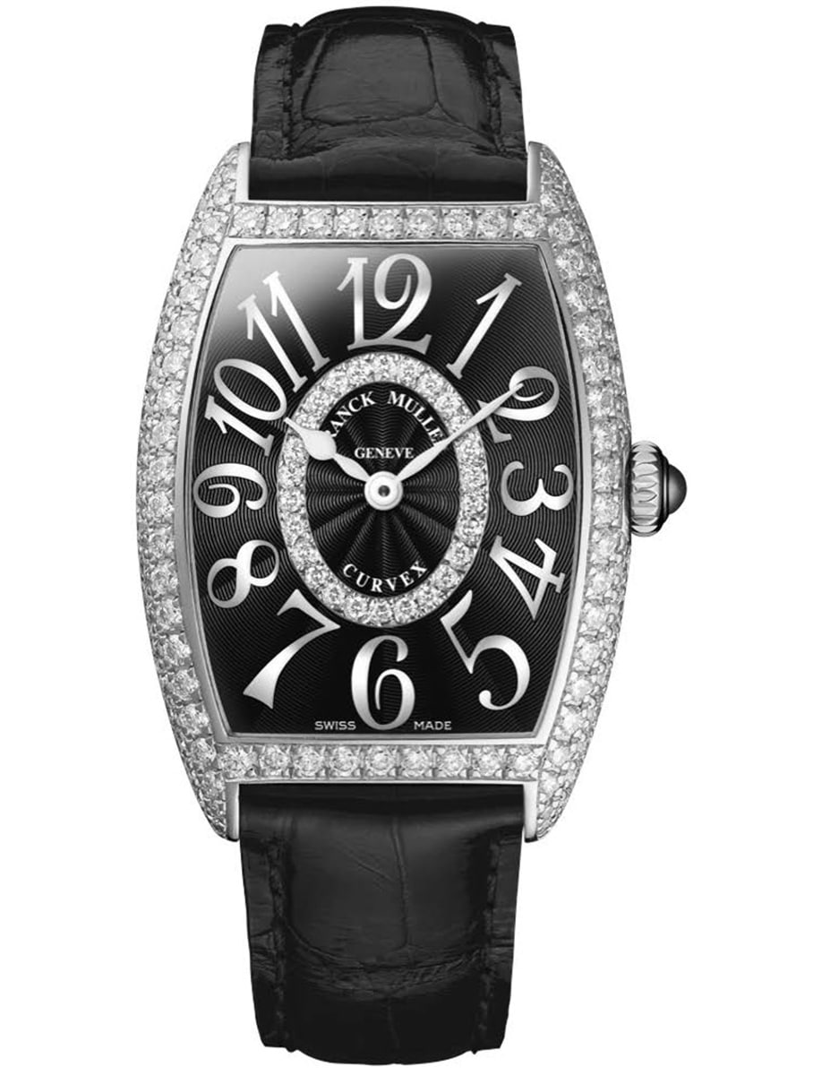 Cintree Curvex 25mm Quartz in White Gold with Diamond Bezel on Black Alligator Leather Strap with Black  Diamond Dial