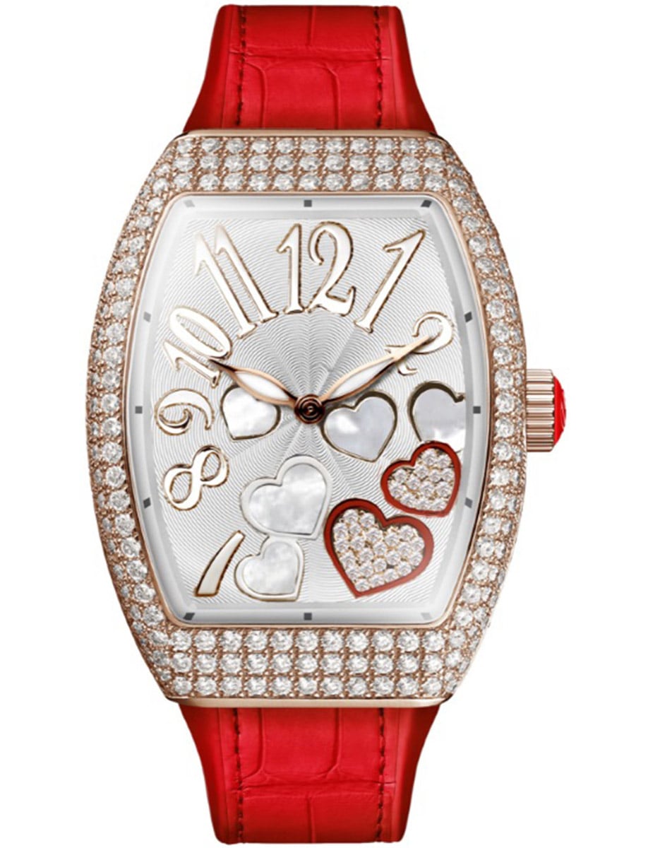 Vanguard Lady Heart 32mm in Rose Gold with Pave Diamond Case on Orange Alligator Leather Strap with Silver Diamond Dial