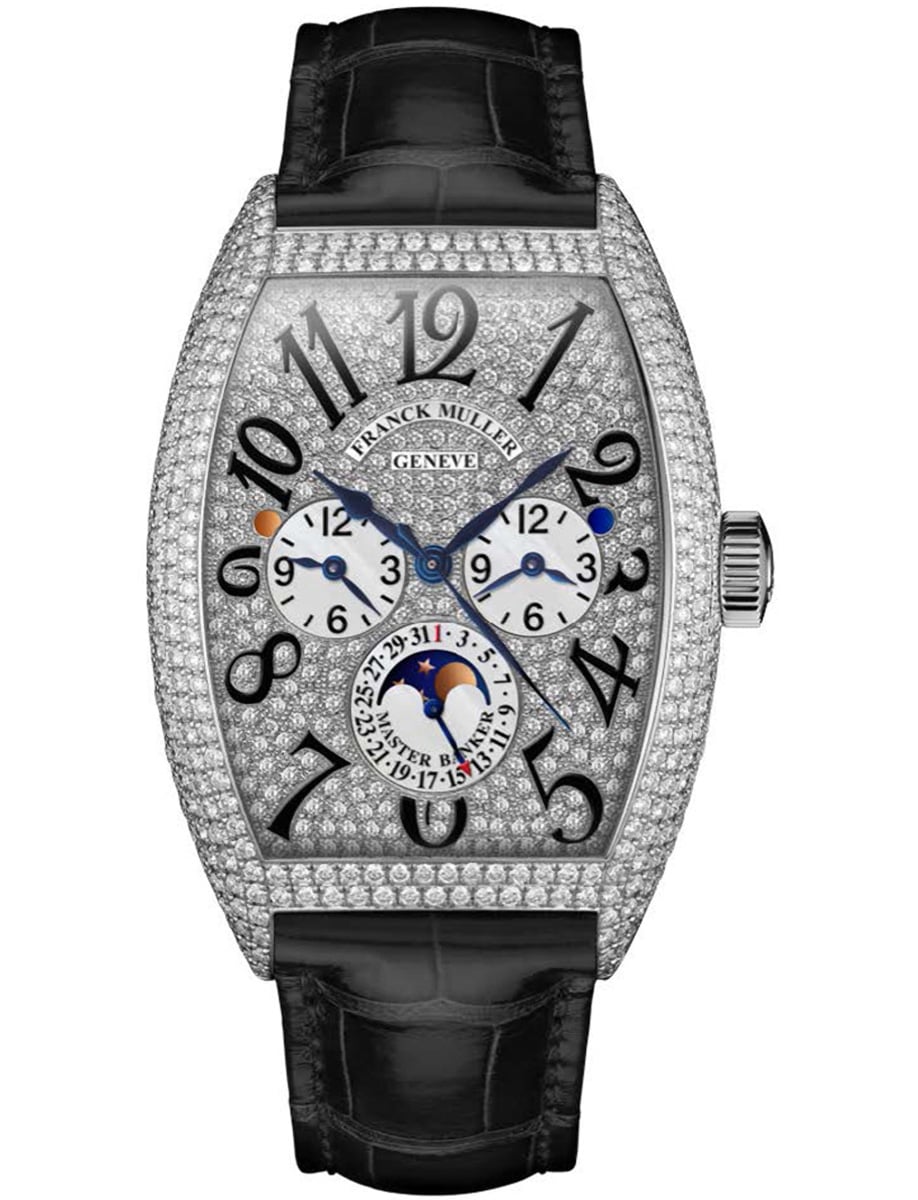 Cintree Curvex Master Banker 39mm in White Gold with Pave Diamond Bezel on Black Alligator Leather Strap with Pave Diamond Dial