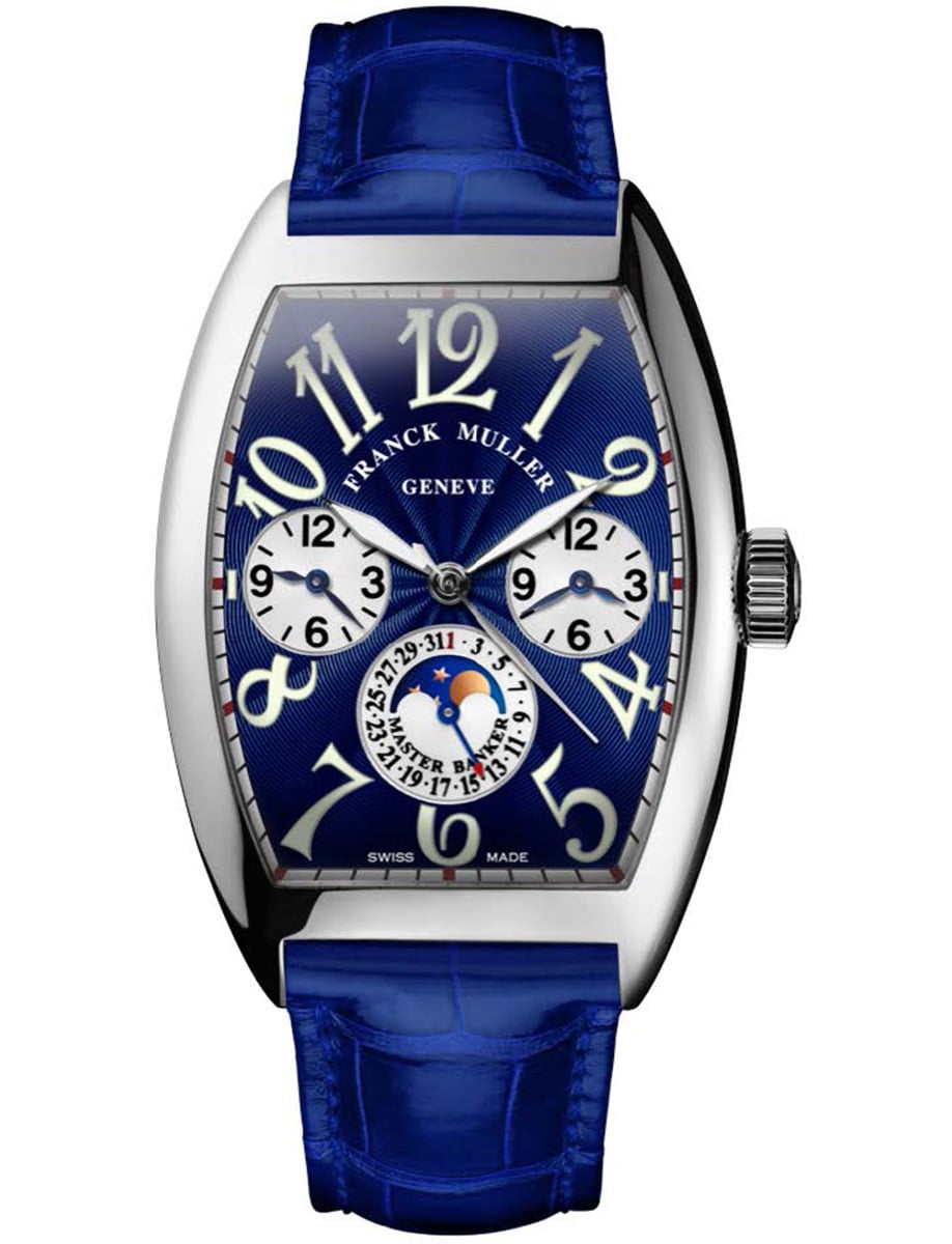 Cintree Curvex Master Banker 39mm in White Gold  on Blue Alligator Leather Strap with Blue Dial