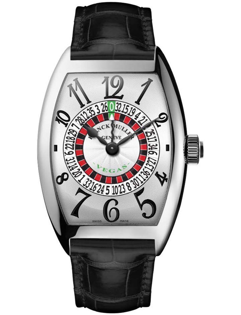 Cintree Curvex Casino Vegas 39mm in White Gold on Black Alligator Leather Strap with Silver Dial
