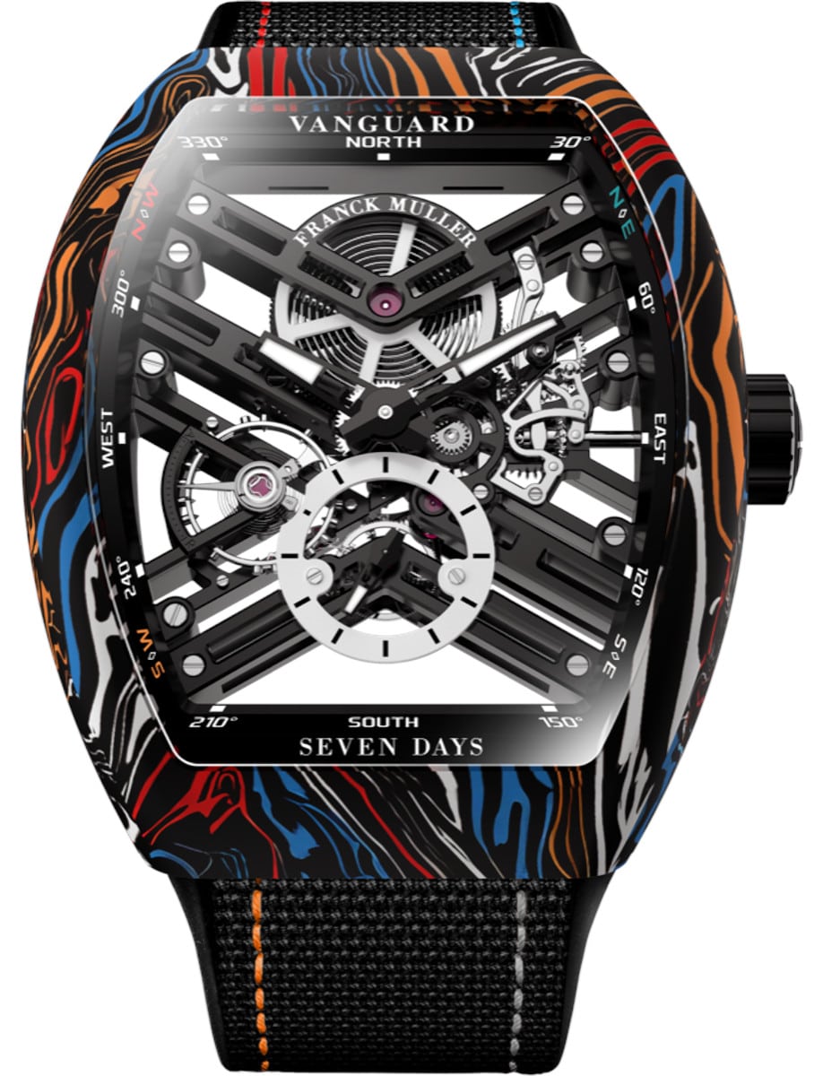 Vanguard Twisting Tiger Stripes 44mm in Carbon & Damascus Steel on Black Fabric Strap with Skeleton Dial
