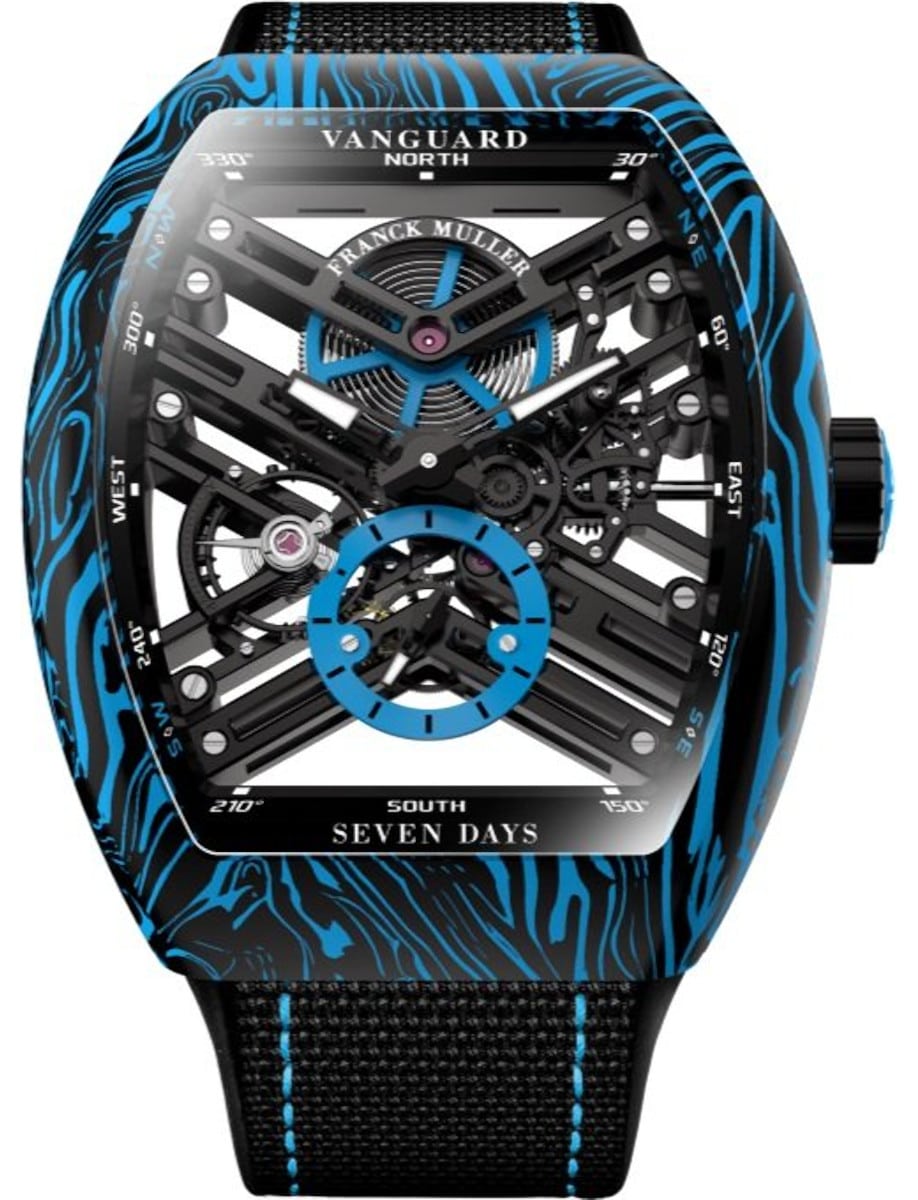 Vanguard Twisting Tiger Stripes 44mm in Carbon & Damascus Steel on Black Fabric Strap with Skeleton Dial
