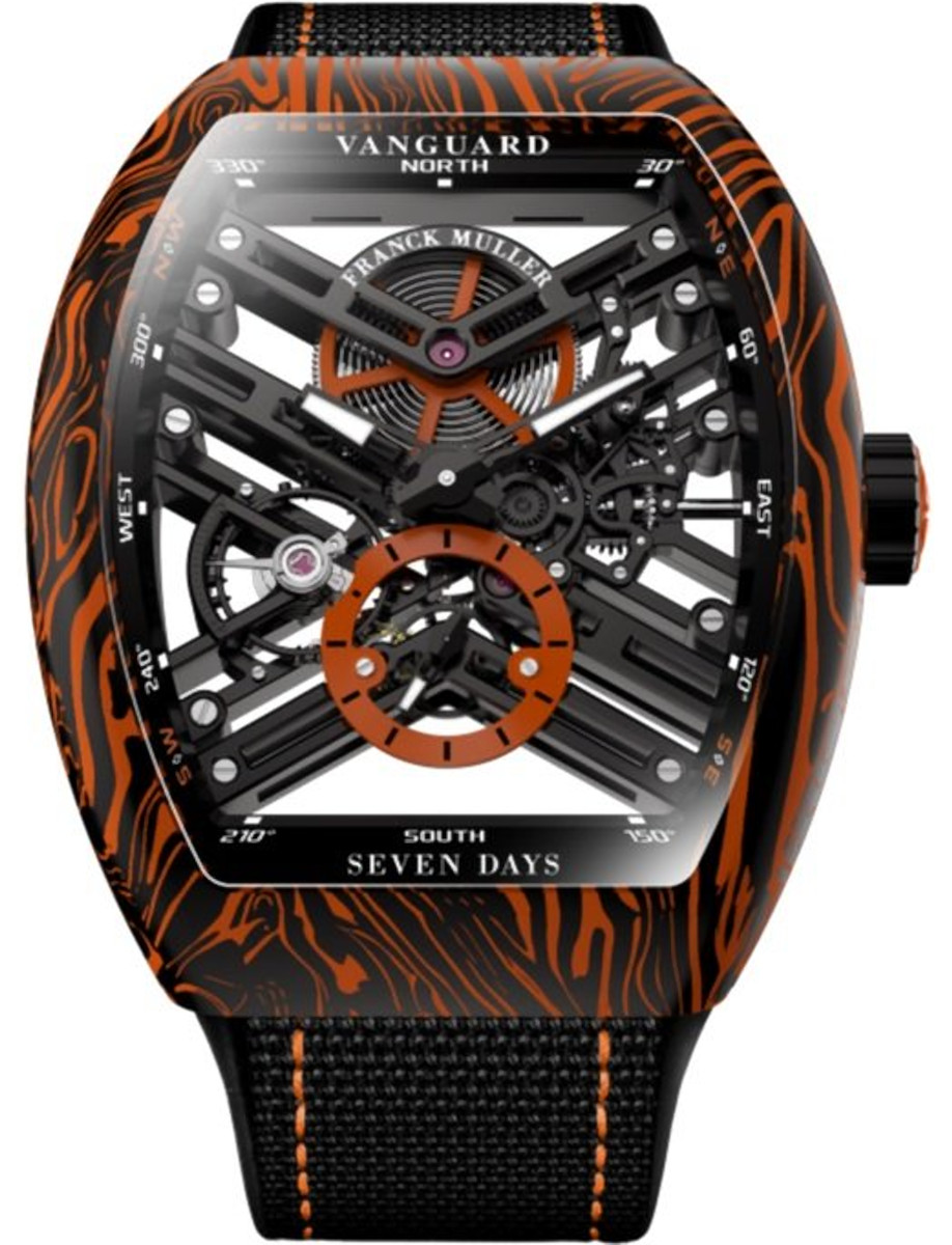 Vanguard Twisting Tiger Stripes 44mm in Carbon & Damascus Steel on Black Fabric Strap with Skeleton Dial