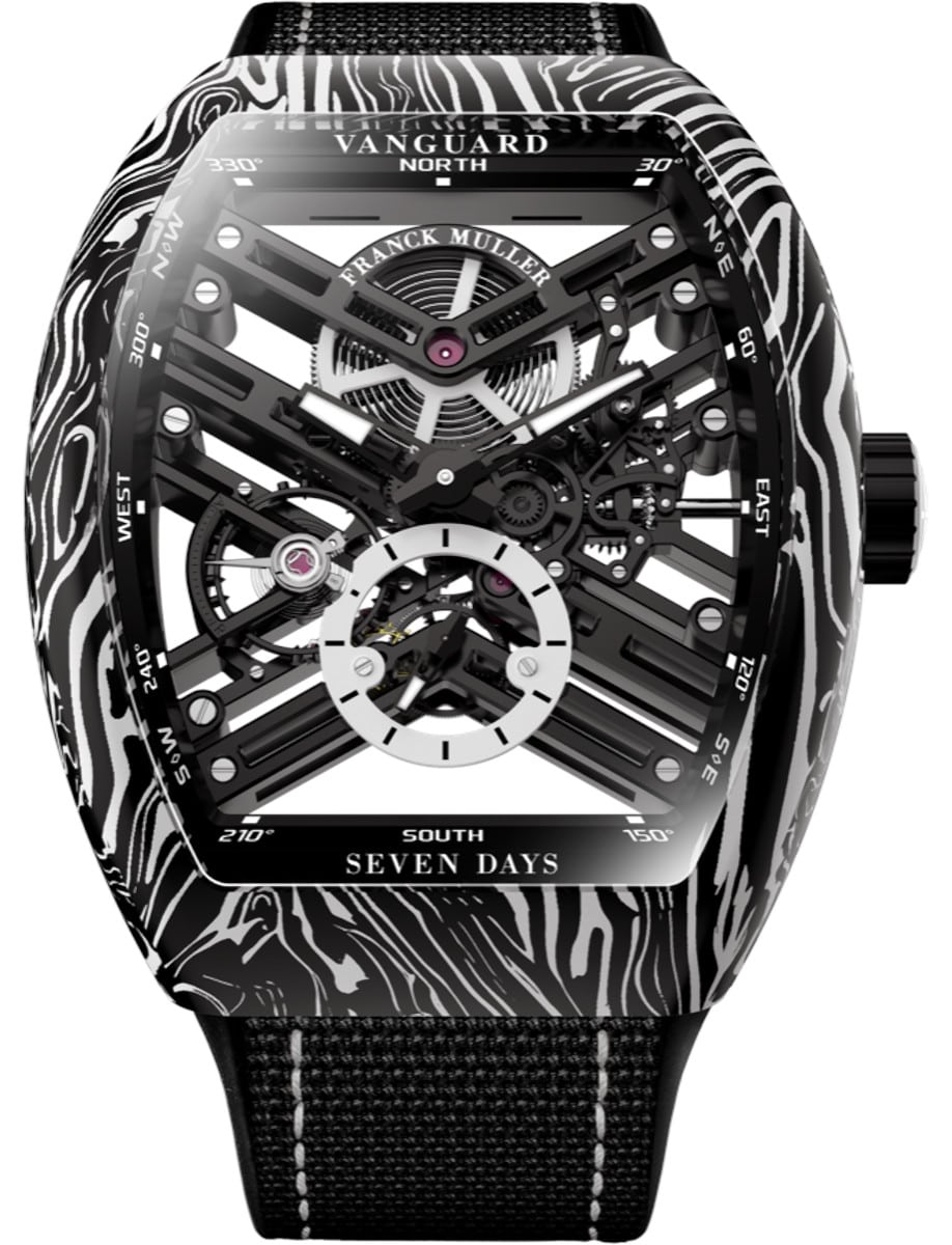 Vanguard Twisting Tiger Stripes 44mm in Carbon & Damascus Steel on Black Fabric Strap with Skeleton Dial