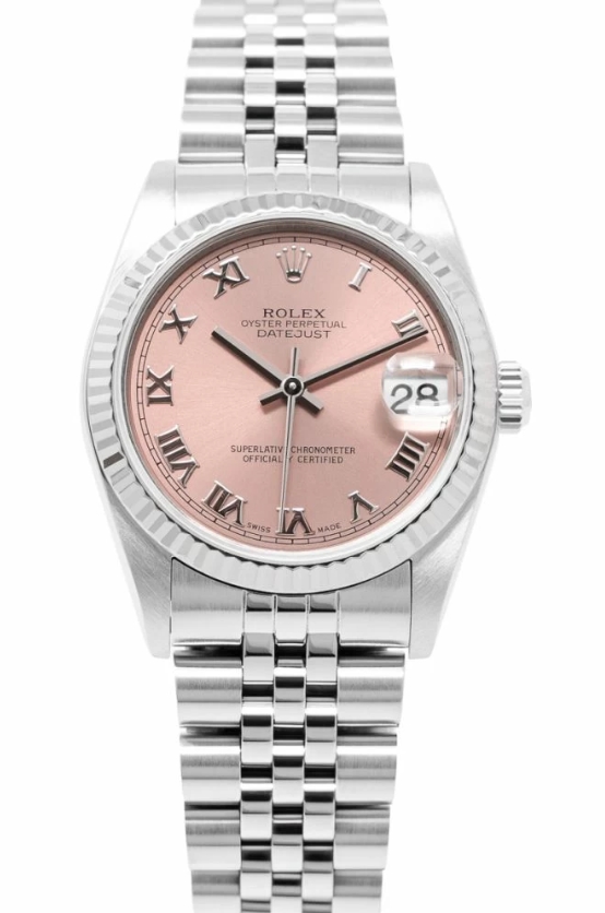 Lady's 26mm Datejust in Steel with White Gold Fluted Bezel on Jubilee Bracelet with Pink Roman Dial