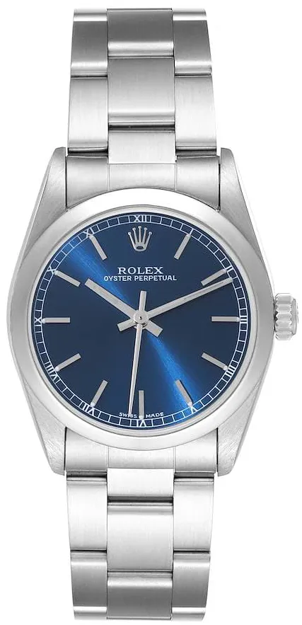 Oyster Perpetual No Date 31mm in Steel with Domed Bezel on Oyster Bracelet with Blue Stick Dial
