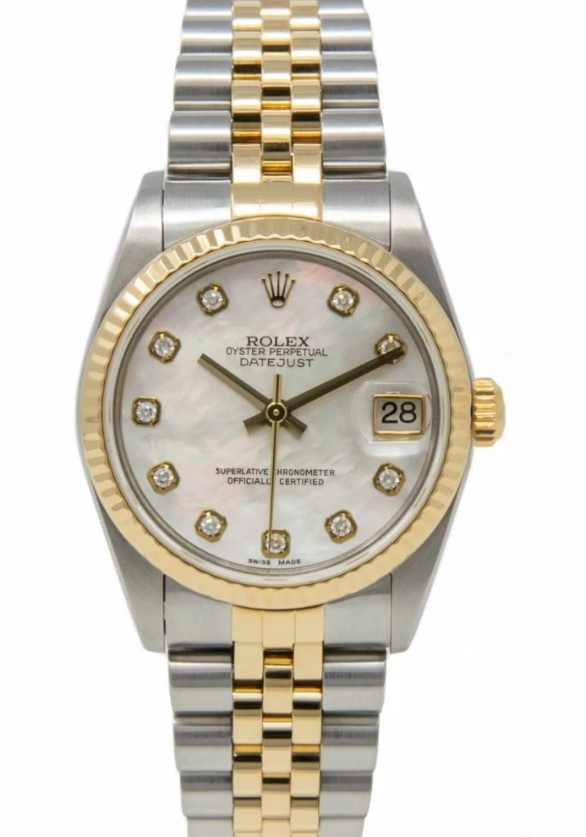 Mid Size Datejust in Steel with Yellow Gold Fluted Bezel on jubilee Bracelet with MOP Diamond Dial