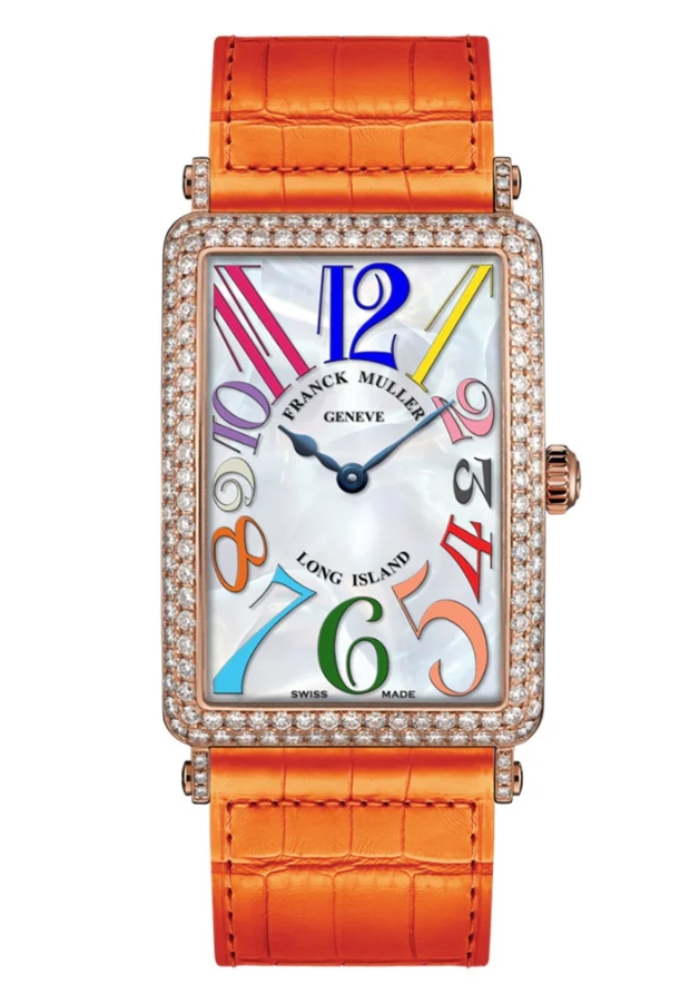 Long Island 25.95mm in Rose Gold with Diamond Bezel & Lugs on Orange Alligator Leather Strap with MOP Dial