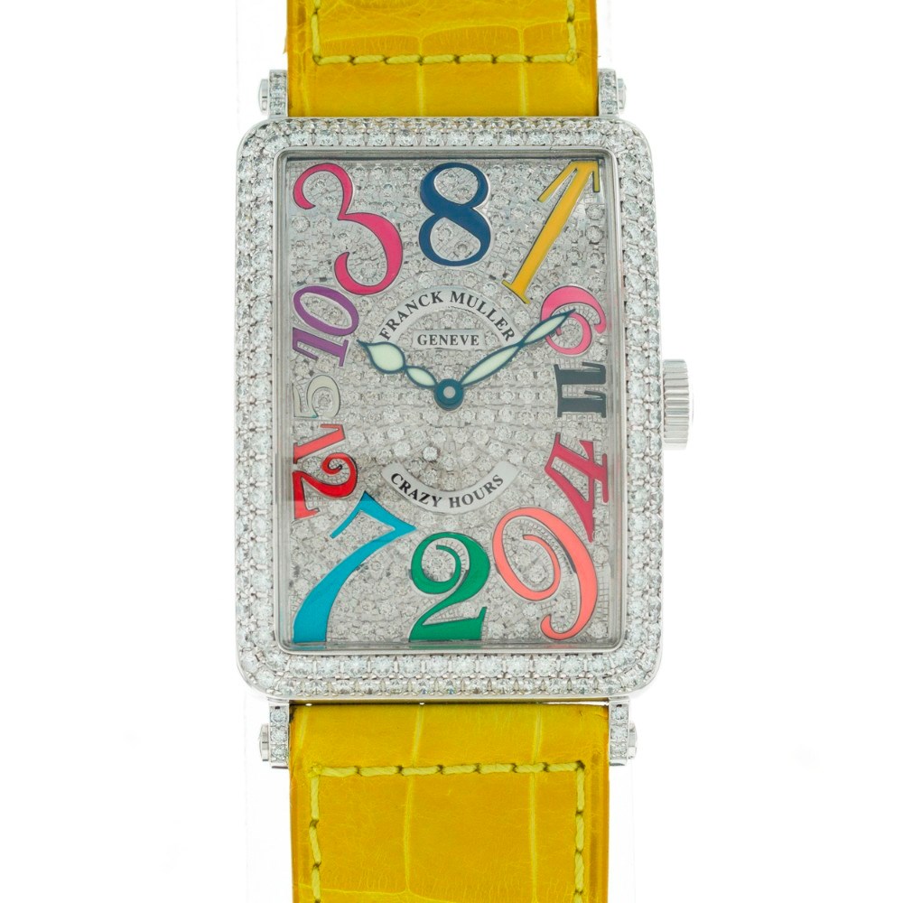 Long Island Crazy Hours Color Dreams in White Gold with Diamond Bezel on Yelllow Crocodile Leather Strap with Pave Diamond Dial