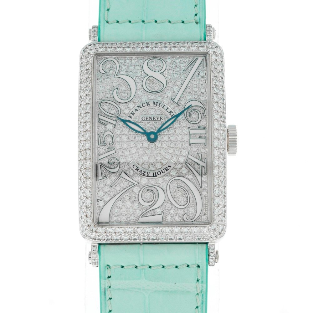 Long Island Crazy Hours in White Gold with Diamond Bezel on Light Blue Crocodile Leather Strap with Pave Diamond Dial