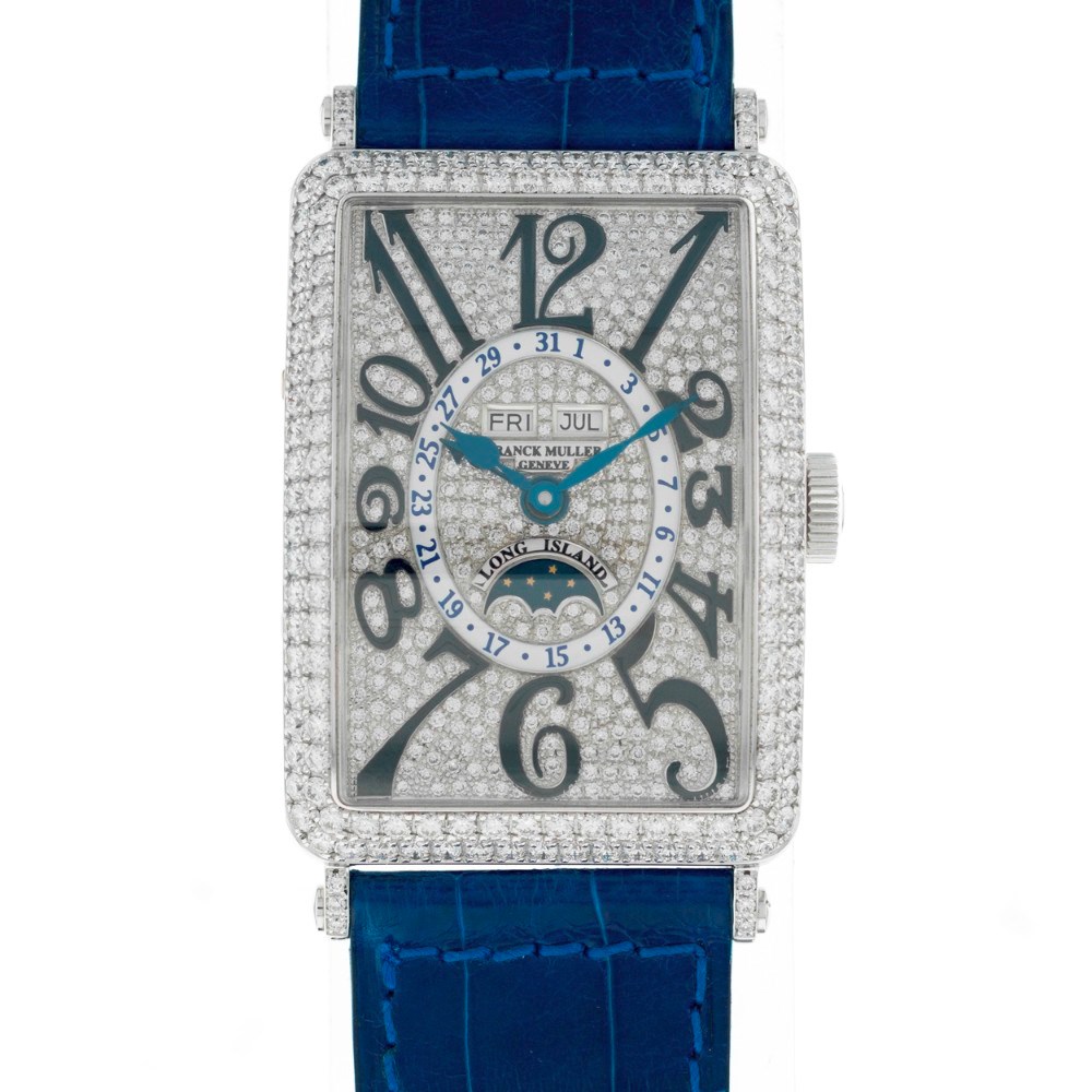 Long Island Master Calendar Moonphase in White Gold with Diamond Bezel on Light Blue Crocodile Leather Strap with Pave Diamond Dial