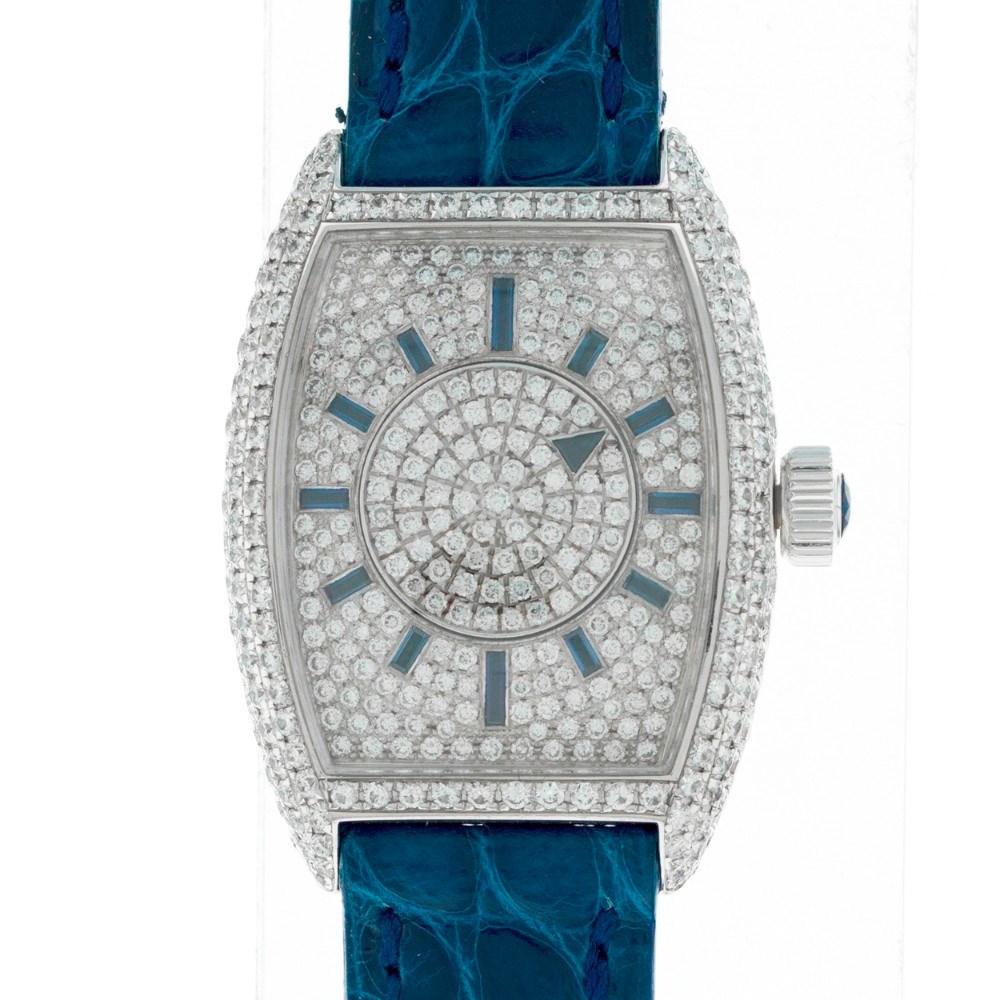 Cintree Curvex Ladies Manual in White Gold with Pave Diamonds on Blue Crocodile Leather Strap with Pave Diamond Dial