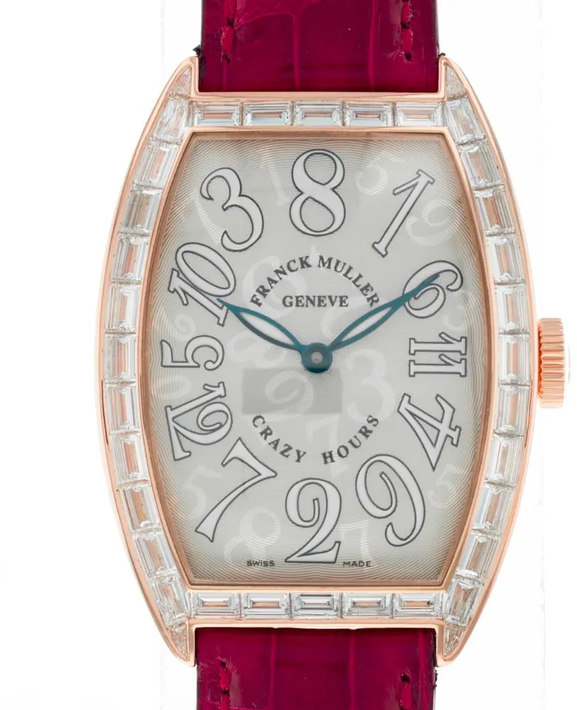 Cintree Curvex Crazy Hours in Rose Gold with Baguette Diamond Bezel on Red Crocodile Leather Strap with Silver Dial