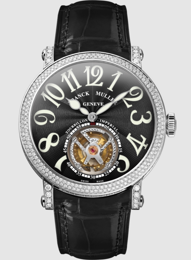 Round Tourbillon 44mm in White Gold with Diamond Bezel & Lugs on Black Crocodile Leather Strap with Black Dial