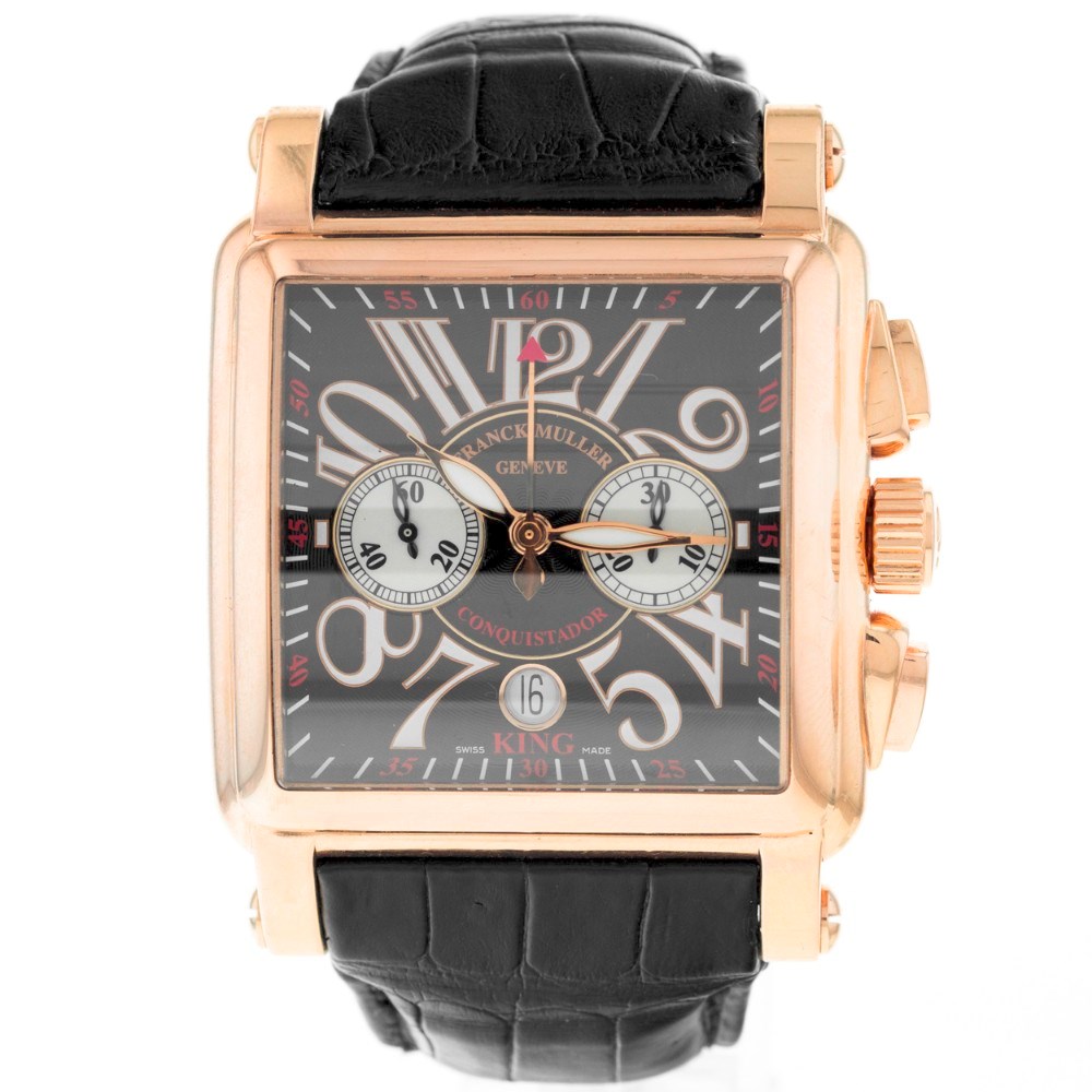 Conquistador Cortez King Chronograph in Rose Gold on Black Crocodile Leather Strap with Black Dial