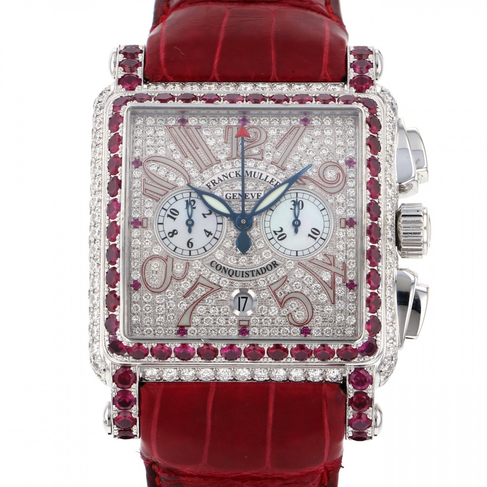 Conquistador Chrono Red Zone Le in White Gold with Pave Diamond Case & Ruby Bezel on Red Crocodile Leather Strap with Pave Diamond Dial