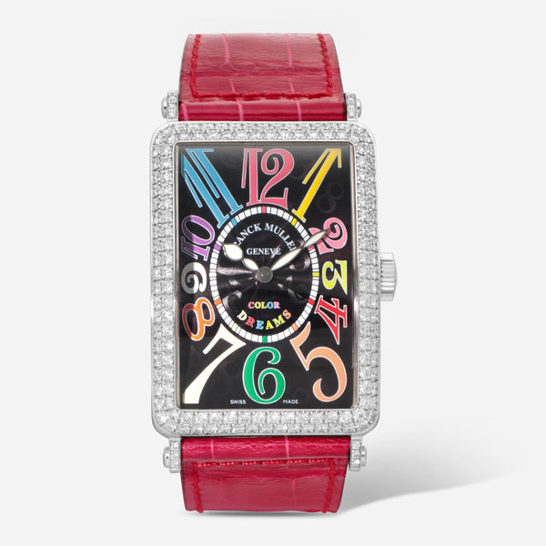 Long Island Color Dreams 32mm in White Gold with Diamond Bezel on Red Alligator Leather Strap with Black Dial