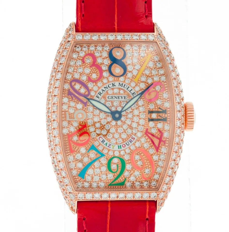 Cintree Curvex Crazy Hours in Rose Gold with Diamond Bezel on Red Crocodile Leather Strap with Pave Diamond Dial